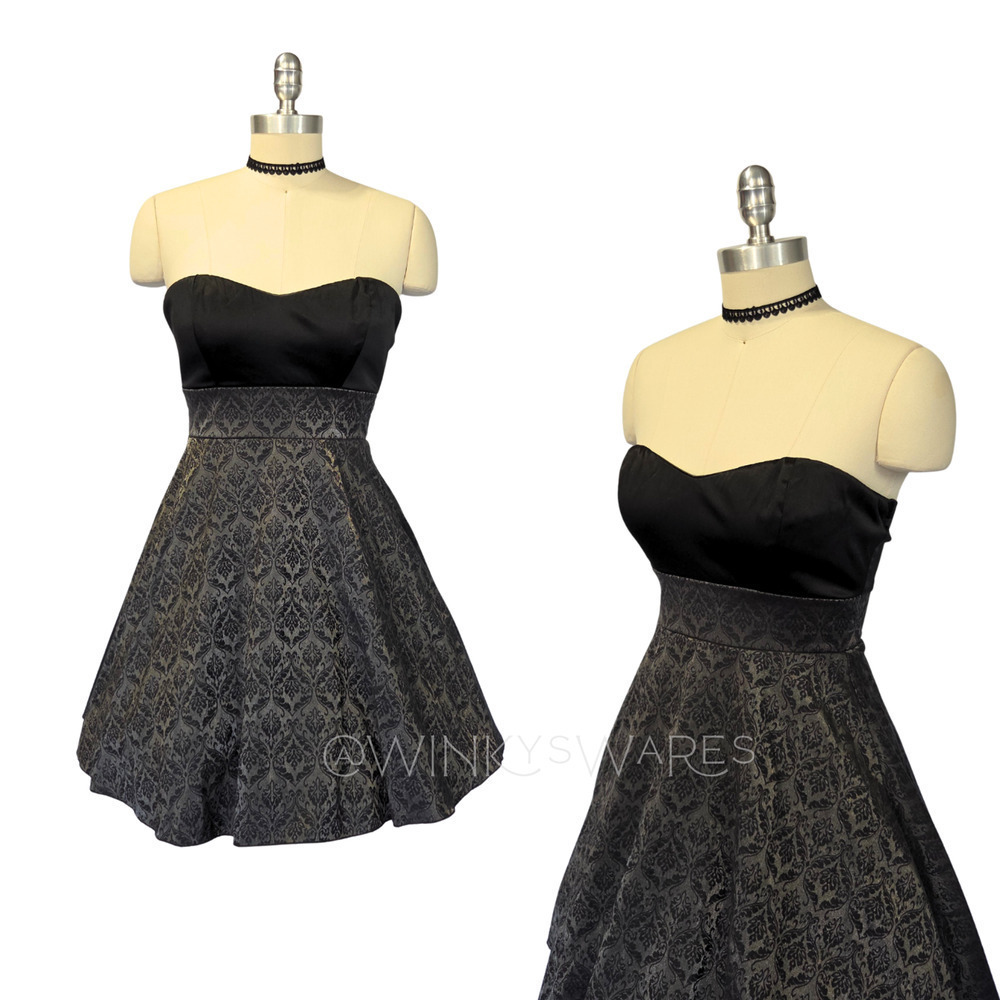 Vintage Y2K Formal Hoco Dress Size S 5 Black Damask Strapless Goth Gothic Trixxi